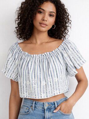 NWT LoveShackFancy Stripe Off-Shoulder Crop Top | Size Medium